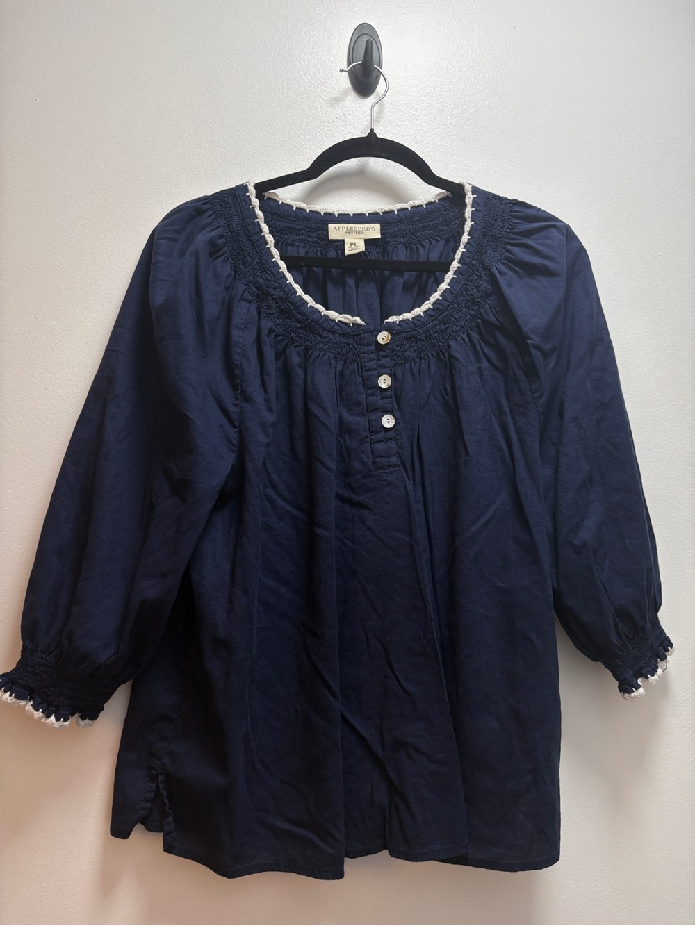 Appleseed's Navy Blouse with White Trim